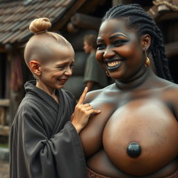 In a medieval village, a young German dwarf woman, small and emaciated with blonde hair styled in a bun, has sharp decayed teeth and is dressed in a long, closed Buddhist robe