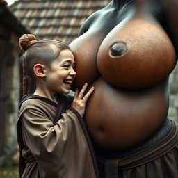 In a medieval village setting, a young German female dwarf, petite with a malnourished appearance and sharp, decayed teeth, is dressed in a long, fully closed Buddhist robe