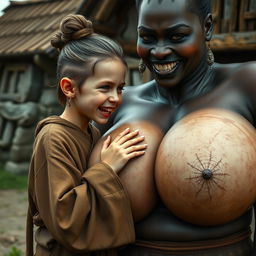 In a medieval village setting, a young German female dwarf, petite with a malnourished appearance and sharp, decayed teeth, is dressed in a long, fully closed Buddhist robe