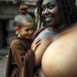 In a medieval village setting, a young German female dwarf, petite with a malnourished appearance and sharp, decayed teeth, is dressed in a long, fully closed Buddhist robe