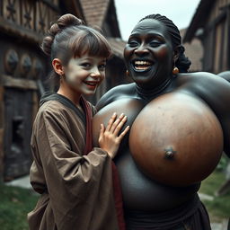 In a medieval village setting, a young German female dwarf, petite with a malnourished appearance and sharp, decayed teeth, is dressed in a long, fully closed Buddhist robe