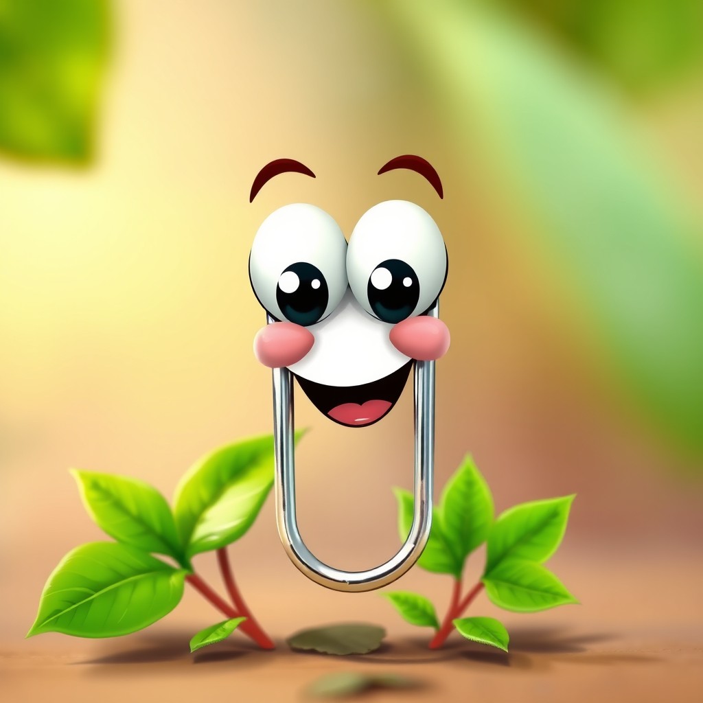 A whimsical illustration of a paper clip with a cheerful face, prominently featuring large expressive eyes and a wide smile