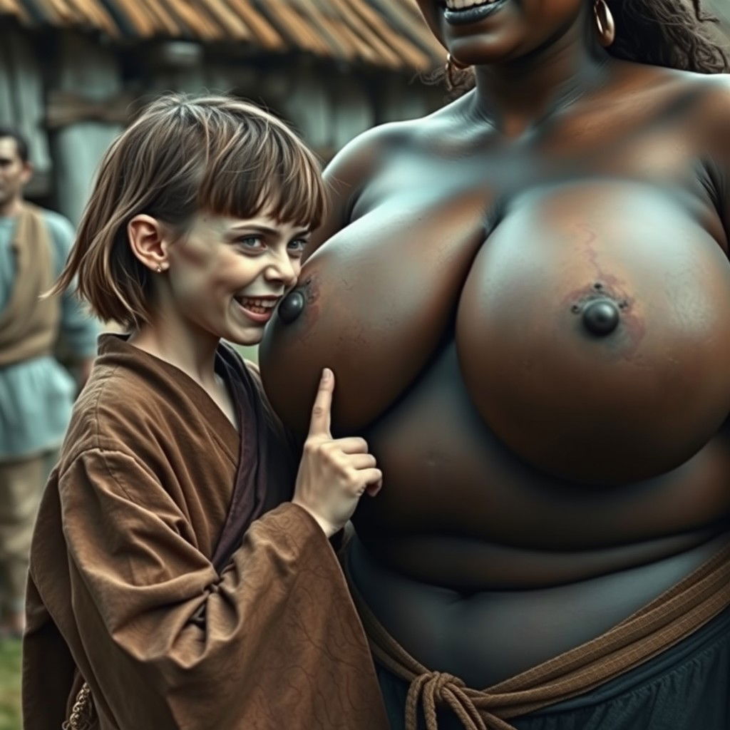 In a medieval village setting, a young German female dwarf, petite with a malnourished appearance, has sharp, decayed teeth and is dressed in a long, fully closed Buddhist robe