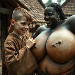 In a medieval village setting, a young German female dwarf, petite with a malnourished appearance, has sharp, decayed teeth and is dressed in a long, fully closed Buddhist robe