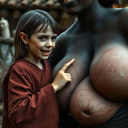 In a medieval village setting, a young German female dwarf, very petite with a malnourished body, sharp, decayed teeth, dressed in a long, fully closed Buddhist robe, has medium-length hair and wears medieval earrings