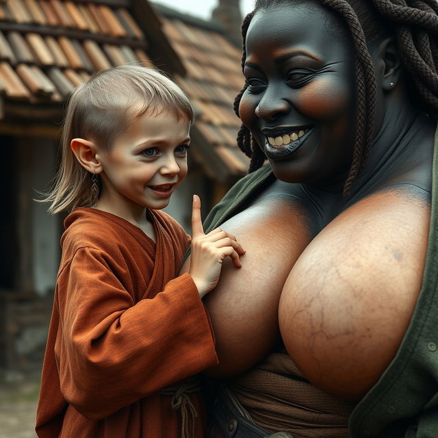 In a medieval village setting, a young German female dwarf, very petite with a malnourished body, sharp, decayed teeth, dressed in a long, fully closed Buddhist robe, has medium-length hair and wears medieval earrings