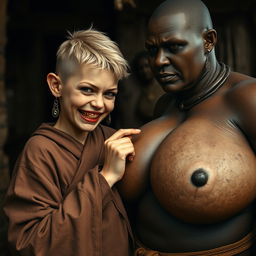 In a medieval village, a young German dwarf woman with short blonde hair and a malnourished body, sharp and decayed teeth, is dressed in a long, closed Buddhist robe