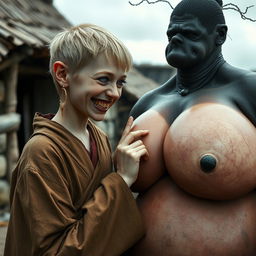 In a medieval village, a young German dwarf woman with short blonde hair and a malnourished body, sharp and decayed teeth, is dressed in a long, closed Buddhist robe