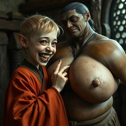 In a medieval room, a young German dwarf woman, very small with medium blonde hair and a malnourished body, features sharp, decayed teeth and is wearing a long, fully closed Buddhist robe