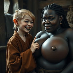 In a medieval room, a young German dwarf woman, very small with medium blonde hair and a malnourished body, features sharp, decayed teeth and is wearing a long, fully closed Buddhist robe