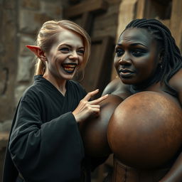 In a medieval room, a young German dwarf woman, very small with medium blonde hair and a malnourished body, features sharp, decayed teeth and is wearing a long, fully closed Buddhist robe
