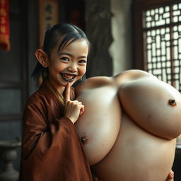 In a Chinese medieval room, a young Chinese dwarf woman, very small with medium-length hair, has a malnourished body and sharp, decayed teeth