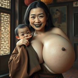 In a Chinese medieval room, a young Chinese dwarf woman, very small with medium-length hair, has a malnourished body and sharp, decayed teeth