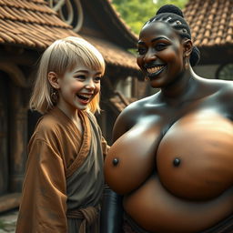 In a medieval village, there is a young female dwarf with a small stature, blonde hair styled in a medium length, wearing a long, fully closed Buddhist robe