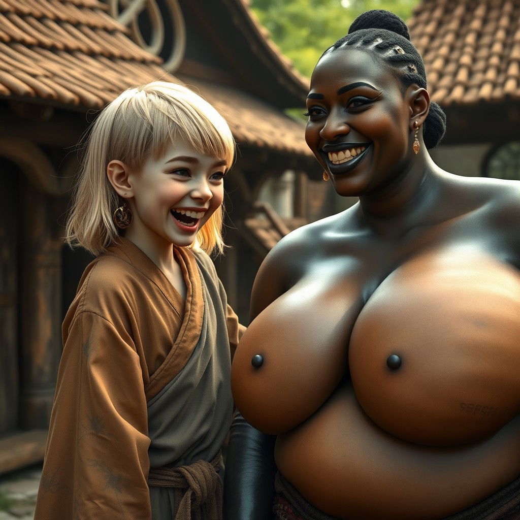 In a medieval village, there is a young female dwarf with a small stature, blonde hair styled in a medium length, wearing a long, fully closed Buddhist robe