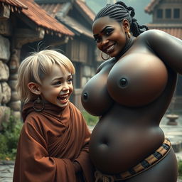 In a medieval village, there is a young female dwarf with a small stature, blonde hair styled in a medium length, wearing a long, fully closed Buddhist robe