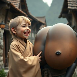 In a medieval village, there is a young female dwarf with a small stature, blonde hair styled in a medium length, wearing a long, fully closed Buddhist robe