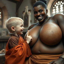 In a medieval room, there's a young female dwarf, small in stature with blonde hair cut to a medium length