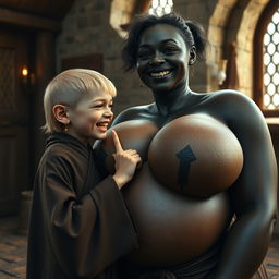 In a medieval room, there's a young female dwarf, small in stature with blonde hair cut to a medium length