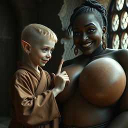 In a medieval room, there's a young female dwarf, small in stature with blonde hair cut to a medium length