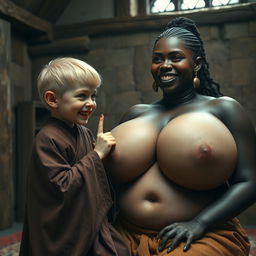 In a medieval room, there's a young female dwarf, small in stature with blonde hair cut to a medium length