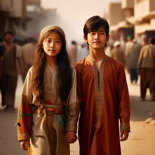 A beautiful image of a Korean girl and a boy, above age 15, wearing traditional Afghan clothes containing the letter 'S', holding hands and making eye contact on a bustling road.