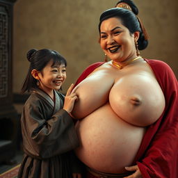 In a medieval Chinese room, a young, small-sized Chinese woman with a malnourished body and sharp, decayed teeth is wearing a long, fully closed Buddhist robe