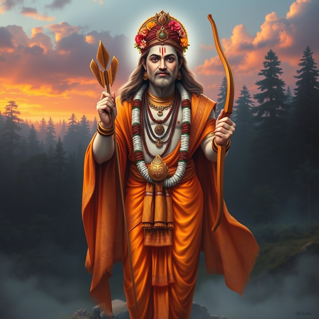 A realistic portrayal of Lord Shri Ram, depicted in traditional attire, wearing a vibrant orange and gold dhoti and an intricately designed shawl