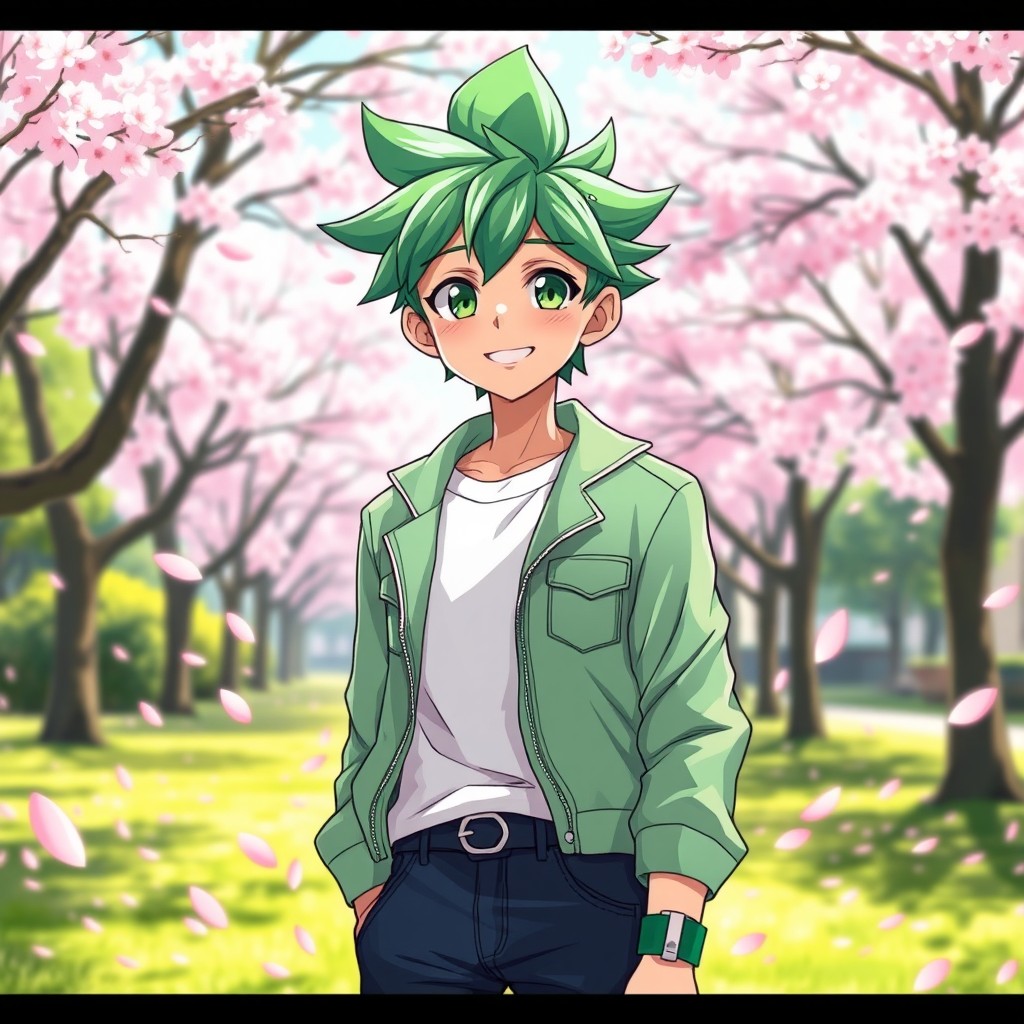 Anime character design of a teenage boy with vibrant green hair styled in a playful, spiky manner