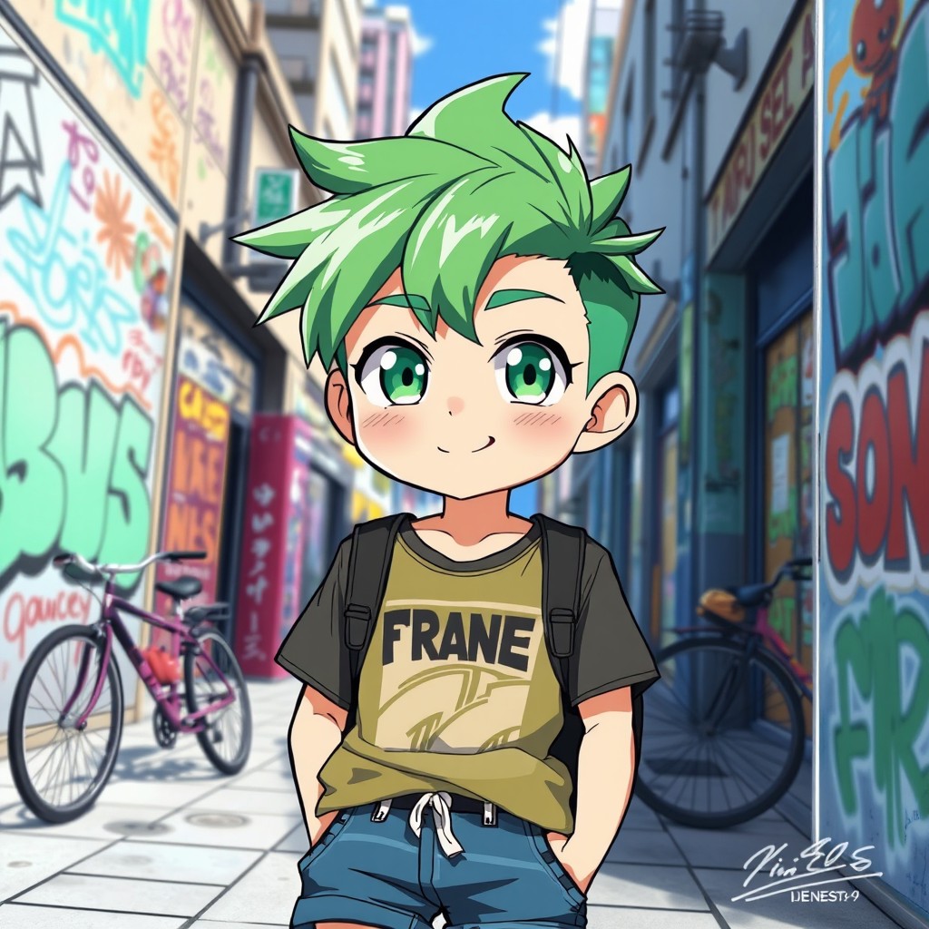 Anime character design of a teenage boy with striking green hair styled neatly and bright green eyes that shine with curiosity