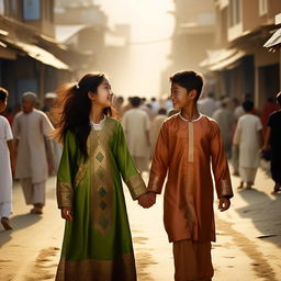 A beautiful image of a Korean girl and a boy, above age 15, wearing traditional Afghan clothes containing the letter 'S', holding hands and making eye contact on a bustling road.