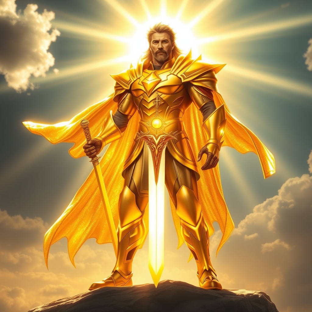 A heroic figure named Solareth, born from the sun, stands tall and radiant, embodying the essence of light and justice