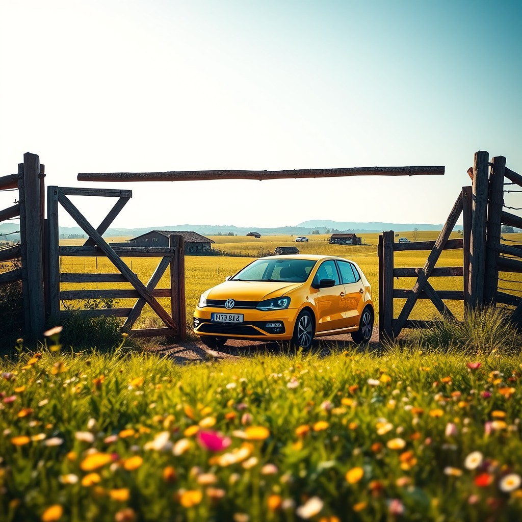 A vibrant yellow Volkswagen Saveiro parked at the entrance of a rustic farm gate, surrounded by lush green pastures and a clear blue sky
