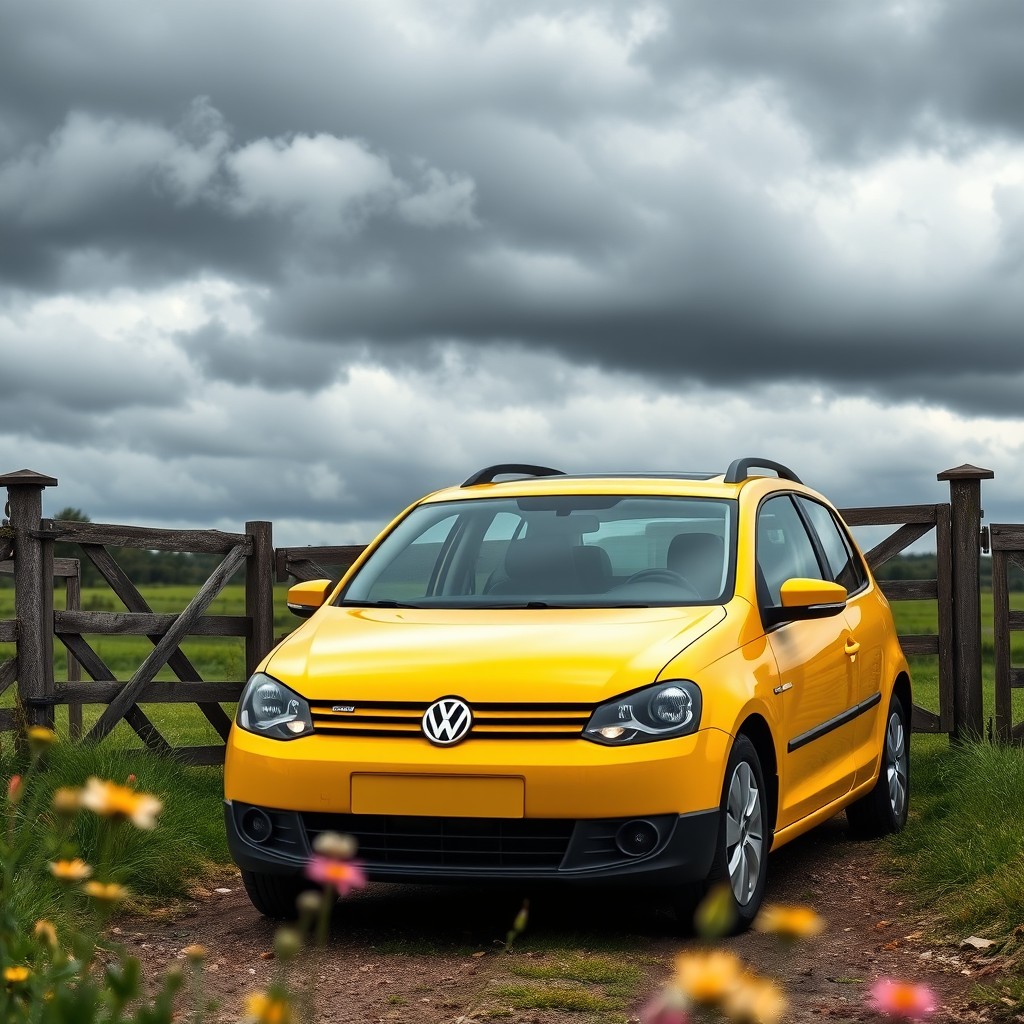 A yellow Volkswagen Saveiro parked at the entrance of a rustic farm gate on a cloudy day