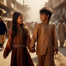 A beautiful image of a Korean girl and a boy, above age 15, wearing traditional Afghan clothes containing the letter 'S', holding hands and making eye contact on a bustling road.