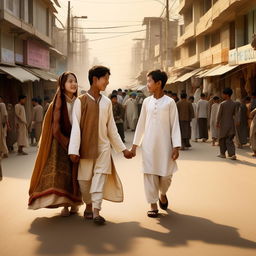 A beautiful image of a Korean girl and a boy, above age 15, wearing traditional Afghan clothes containing the letter 'S', holding hands and making eye contact on a bustling road.