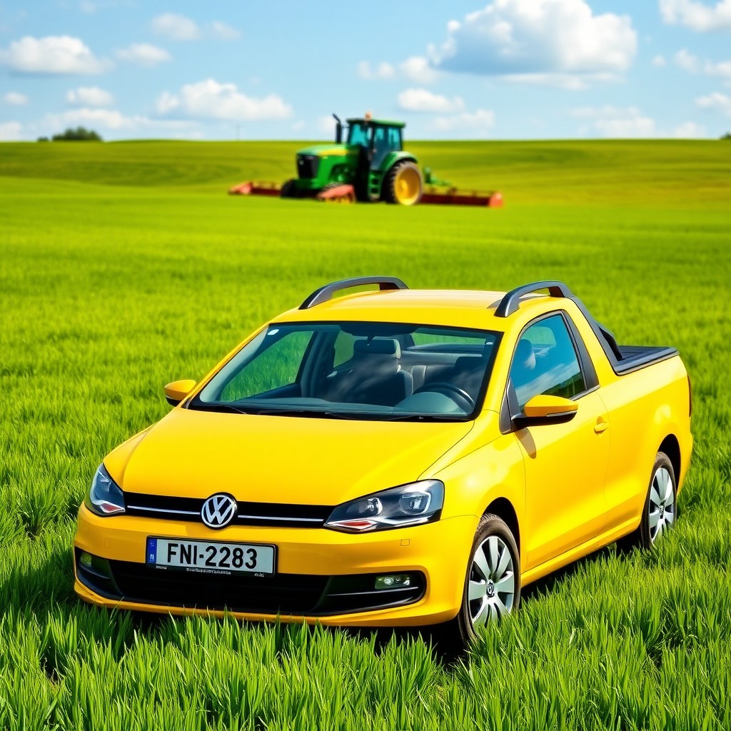 A vibrant yellow Volkswagen Saveiro parked amidst vast green fields in a bright rural landscape