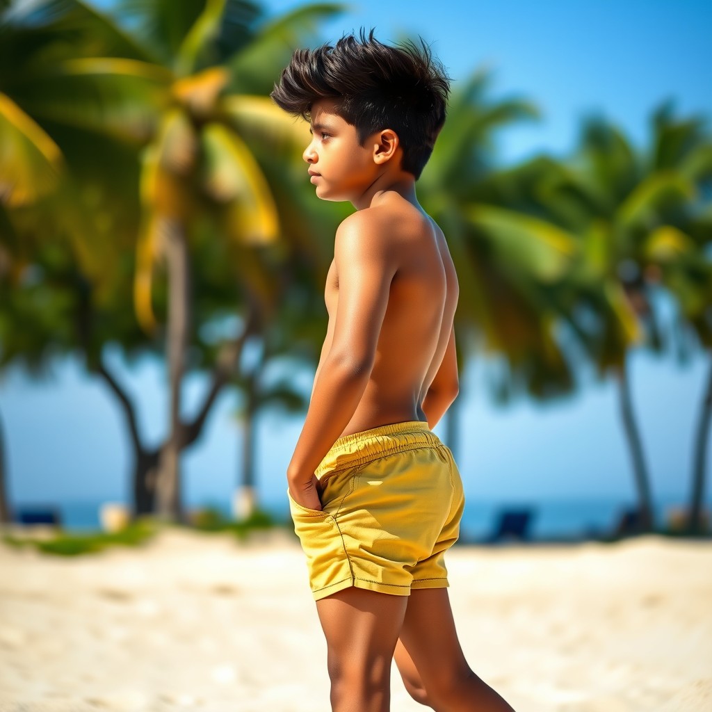A profile view of an Indian teenage boy standing confidently, showing off his muscular calves