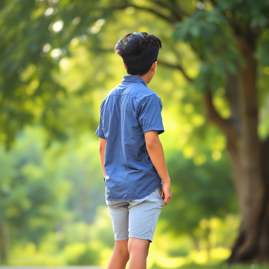 A back profile of a 16-year-old Indian teenage boy standing in a relaxed pose