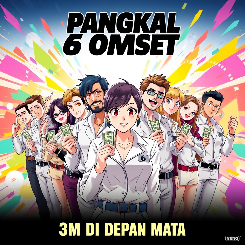 An anime-style movie poster featuring a lively group of diverse characters with a strong female boss who has short hair in the forefront