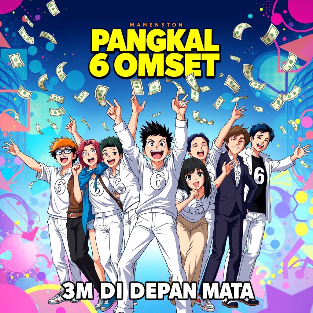 An anime-style movie poster depicting a jubilant group of diverse characters joyfully tossing dollar bills into the air