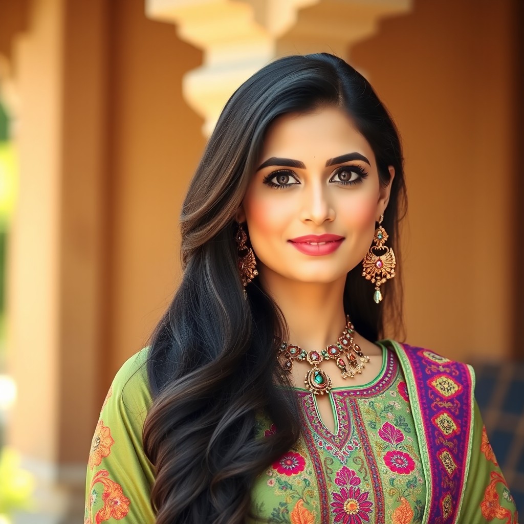 A portrait of a Pakistani woman dressed in traditional ethnic attire, highlighted by a beautifully embroidered shalwar kameez in vibrant colors