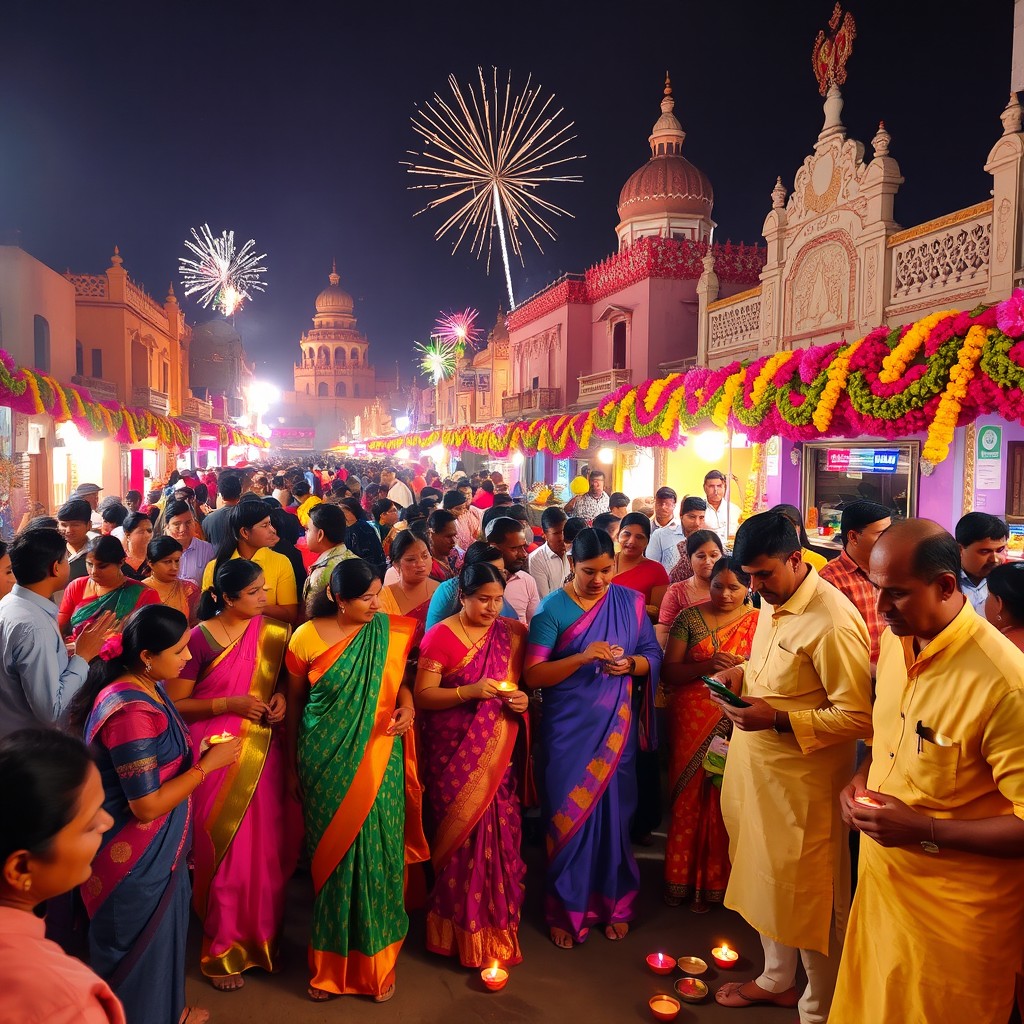 A vibrant scene of Diwali celebrations in Hubli, India