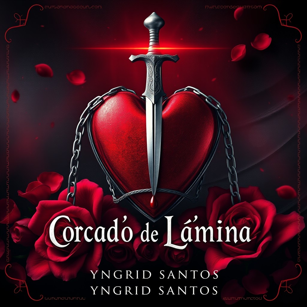 A book cover design for 'Coração de Lâmina' by Yngrid Santos, featuring a dark romantic atmosphere with elements of fantasy and tragedy