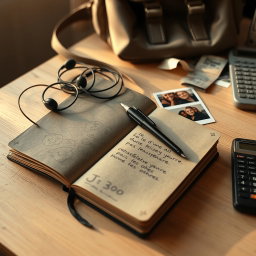 A realistic and nostalgic scene of a student's desk in the late afternoon