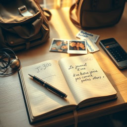 A realistic and nostalgic scene of a student's desk in the late afternoon