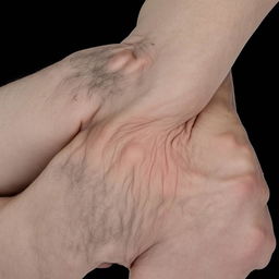 Close-up of heavily veined hands, showing intricate veins running like rivers, symbolic of strength and age