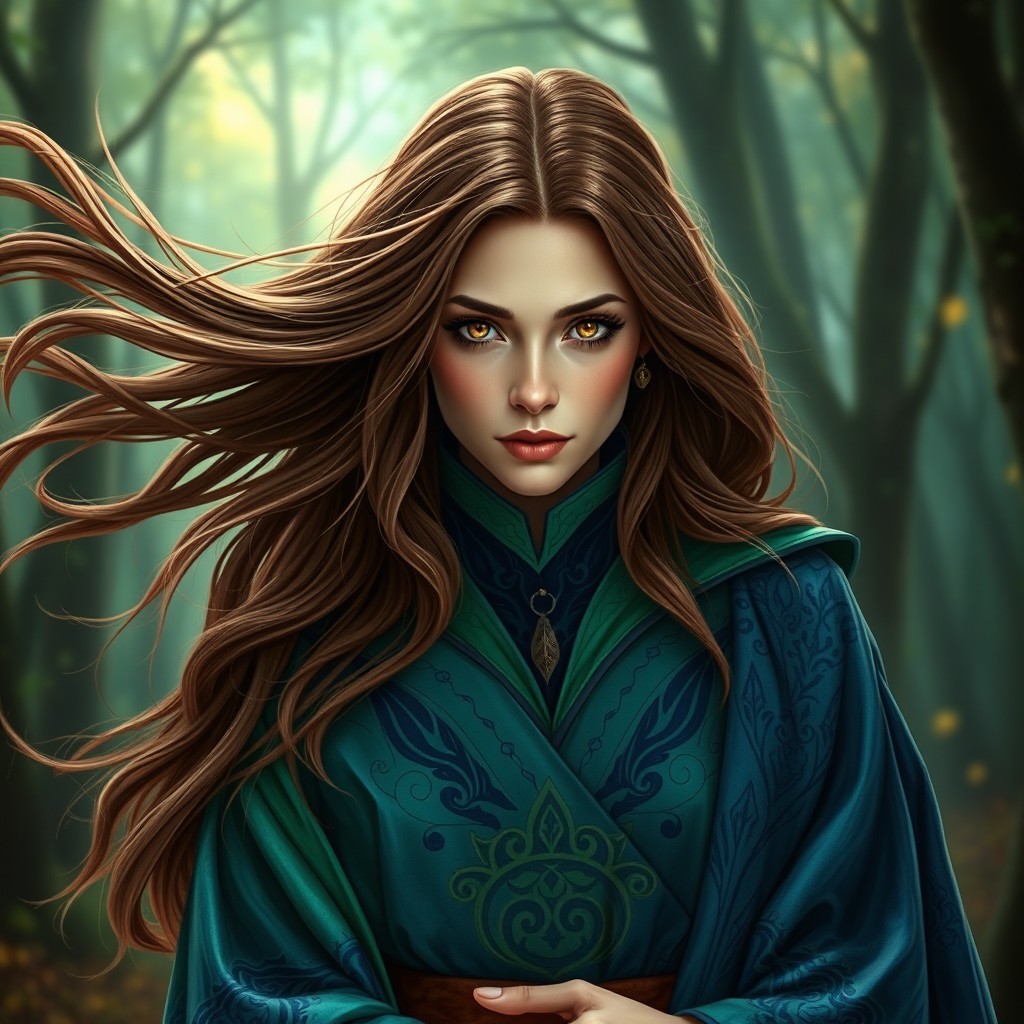 A full body portrait of a witch with flowing brown hair cascading down her shoulders, and striking hazel eyes that sparkle with mystery