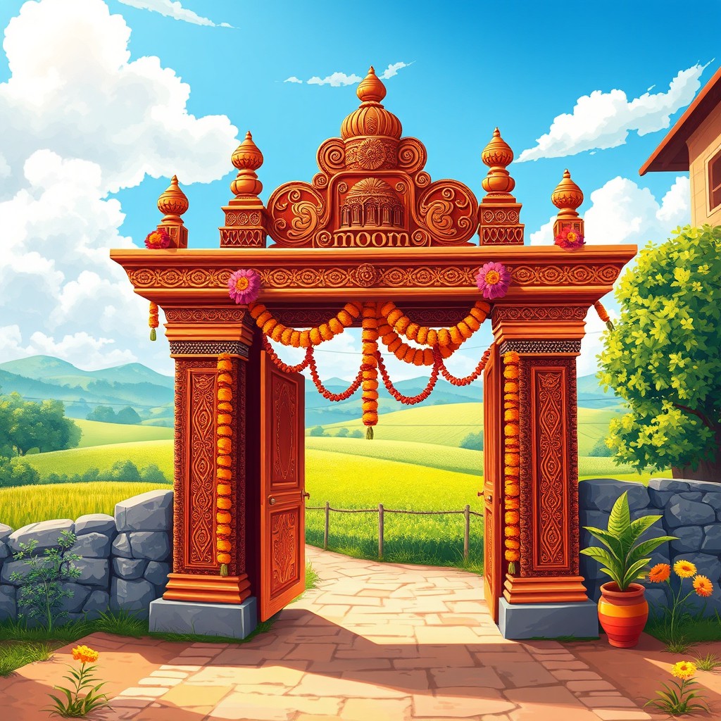 A vibrant and intricate illustration of a traditional Indian gate (known as a 'ghumti') set in a charming village scene