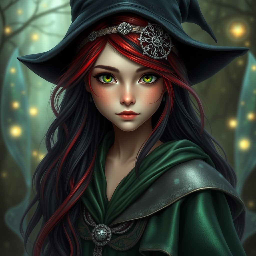 A young witch with dark red and black hair, vibrant green eyes, wearing an intricate silver circlet